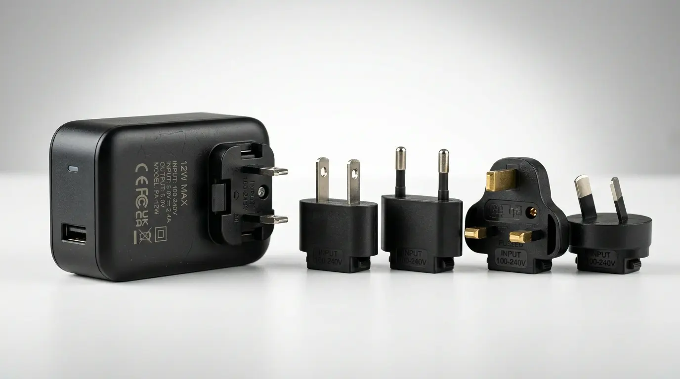 Sleek modern studio shot of a 12W Detachable Plug Power Adapter with multiple interchangeable plugs (US, EU, UK, AU) laid out on a clean white-to-gray gradient surface, highlighting high-end engineering detail